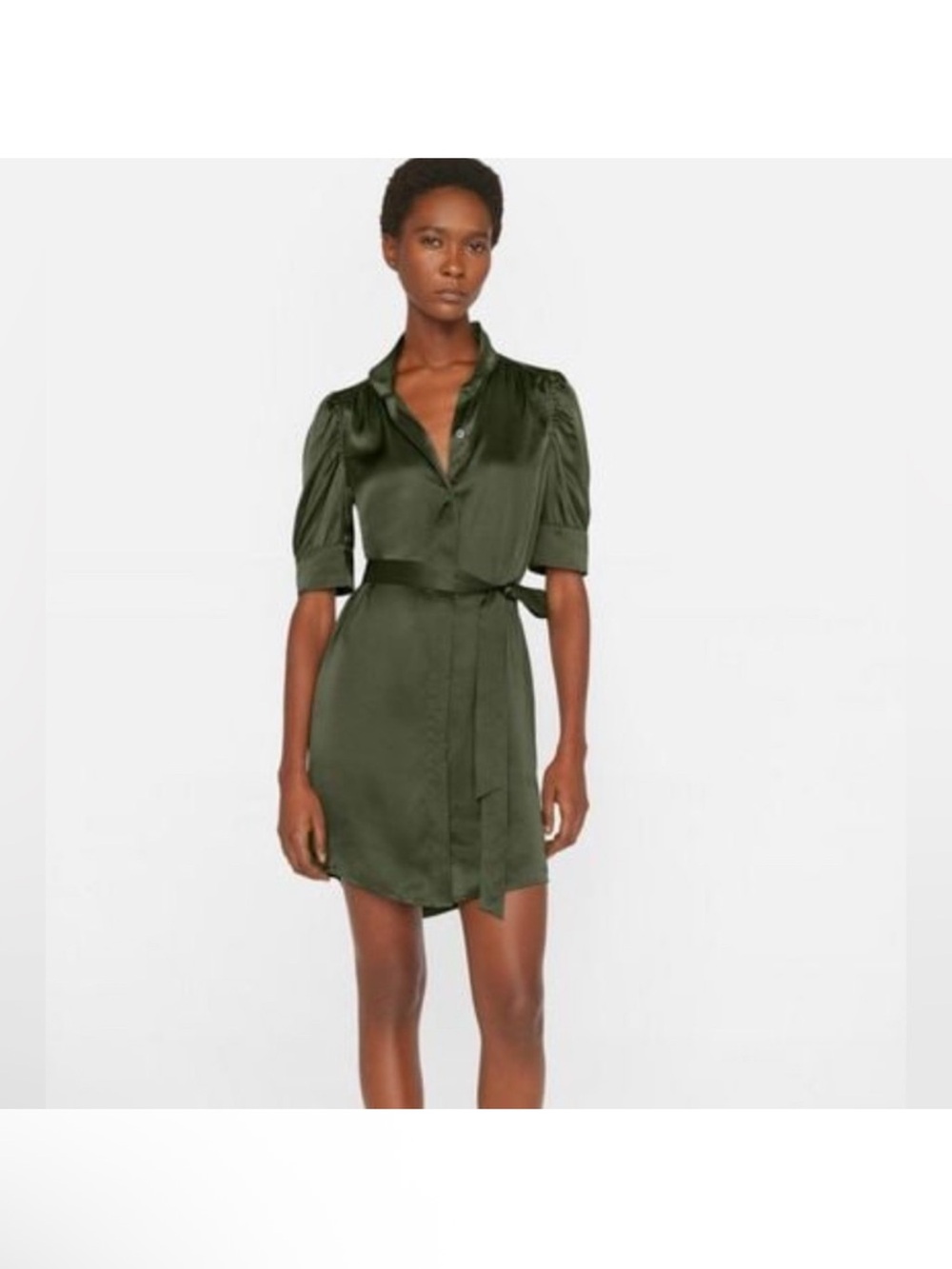 Frame Silk Tie-Waist Shirt Dress - Olive Green